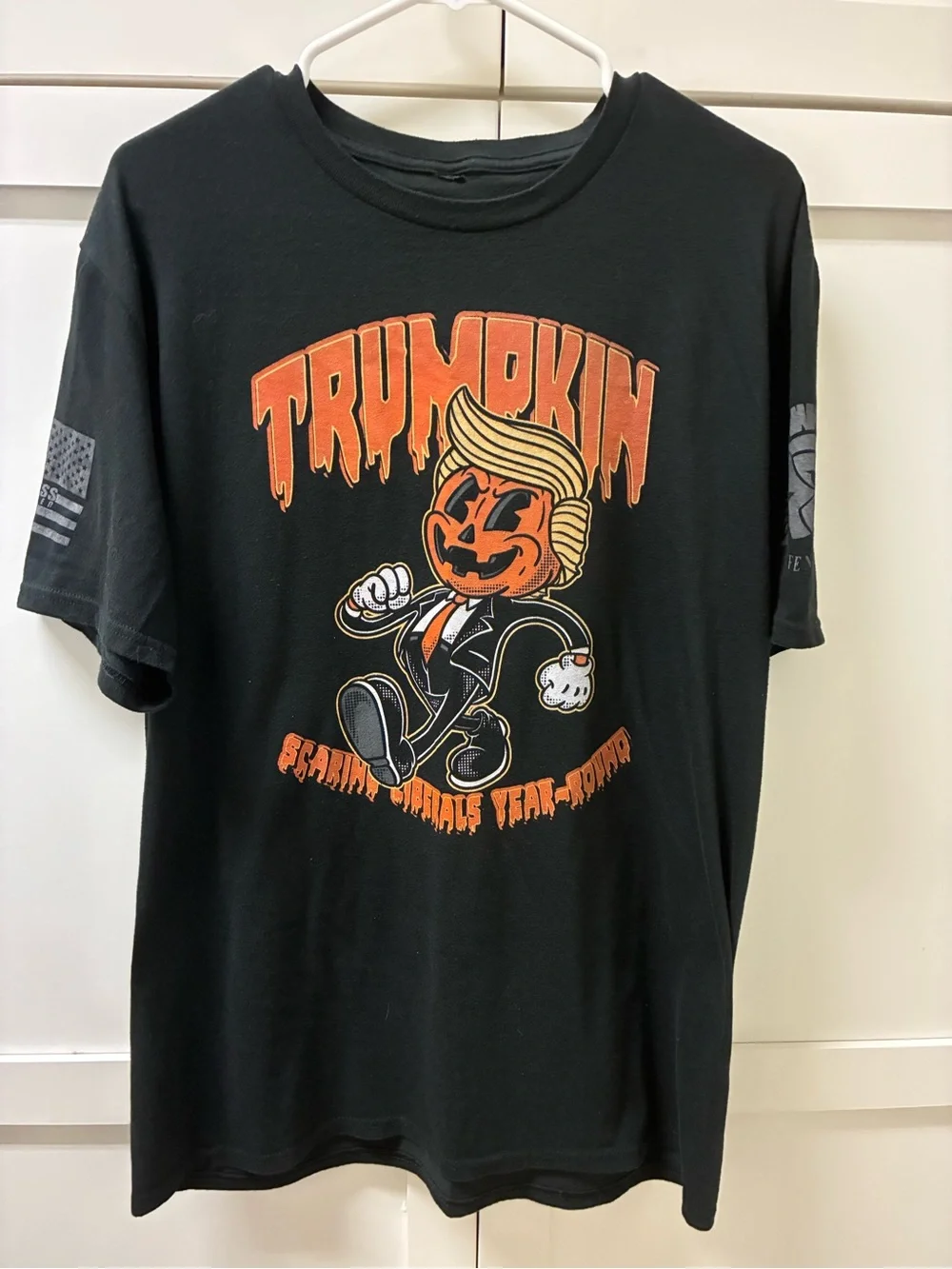 Black Short Sleeve Graphic Tee with Orange Pumpkin Character